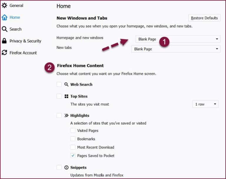 mozilla firefox homepage settings