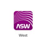 corma- asw west-logo auf violettem hintergrund.