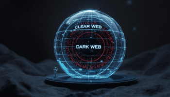 corma- Eine Person steht neben einer großen digitalen Kugel, auf der die Worte „Clear Web“ und „Dark Web“ angezeigt werden. Dadurch wird der Unterschied zwischen den Internetebenen hervorgehoben und auf die speziellen Dark Web-Tools verwiesen, die zum Zugriff auf versteckte Inhalte verwendet werden.
